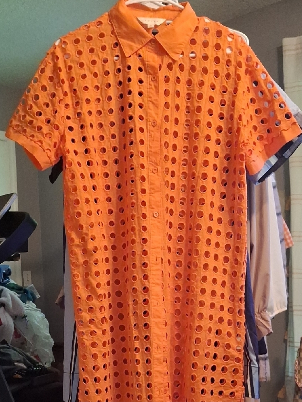 Adiva Bright Orange Eyelet Midi Shirt Dress / Or Coverup
